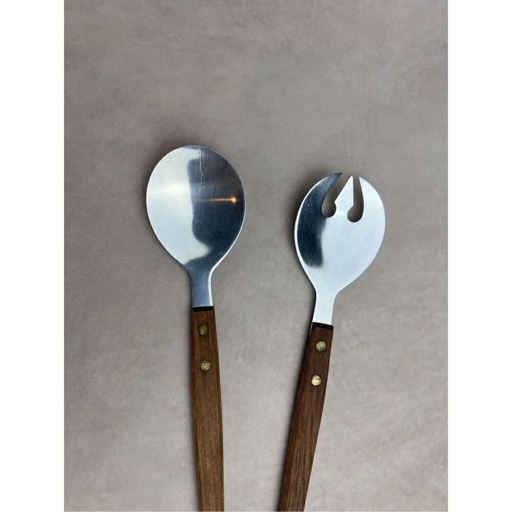 Vintage 1970s Stainless Steel Salad Fork Spoon Wood Handle Mid Century Modern Ja